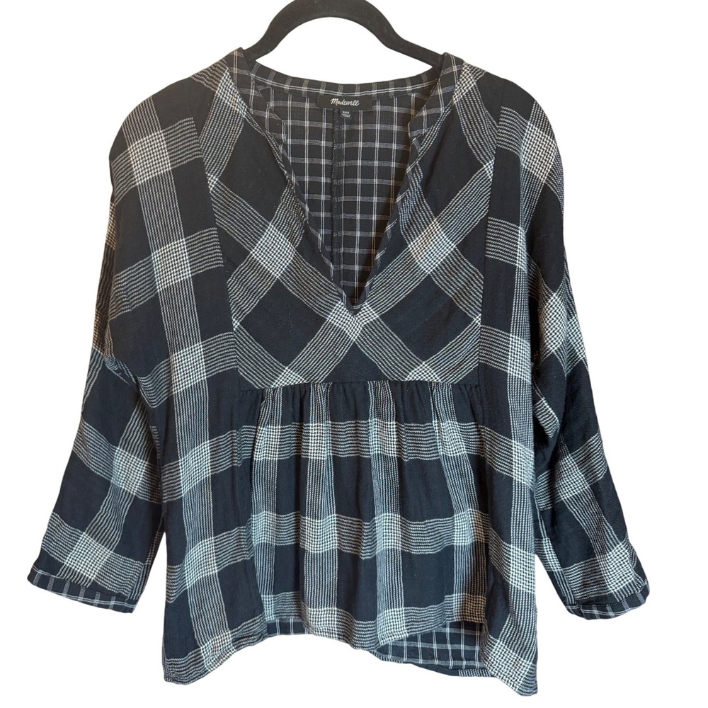 Madewell Black White Plaid V-Neck Babydoll Courier Blouse Top XXS Cotton